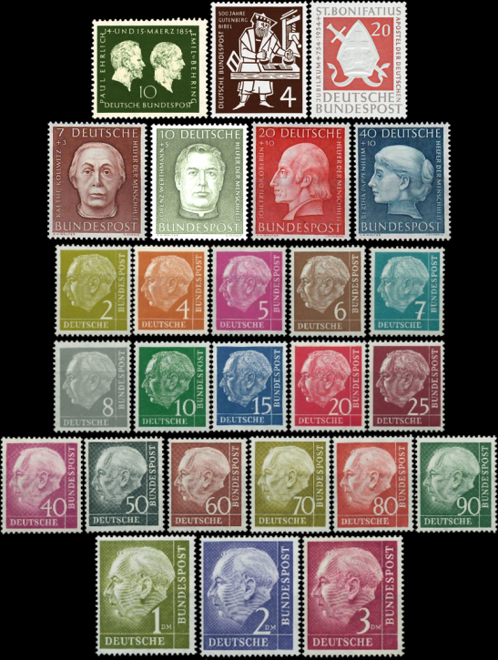 Briefmarken BRD (Bund) Jahrgang 1954 komplett, Mi.Nr. 177-203. Postfrisch