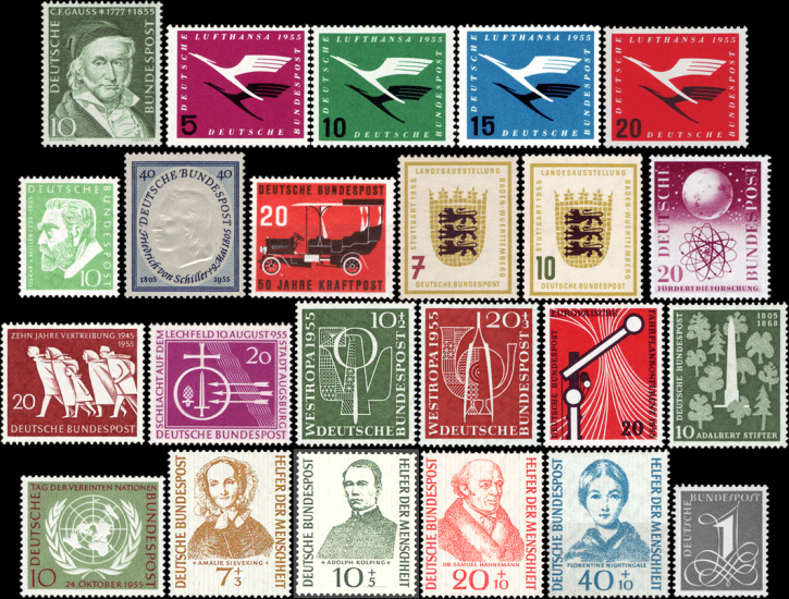 Briefmarken BRD (Bund) Jahrgang 1955 komplett, Mi.Nr. 204-226. Postfrisch