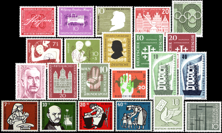Briefmarken BRD (Bund) Jahrgang 1956 komplett, Mi.Nr. 227-248. Postfrisch