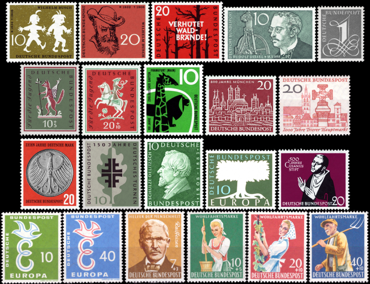 Briefmarken BRD (Bund) Jahrgang 1958 komplett, Mi.Nr. 281-301. Postfrisch