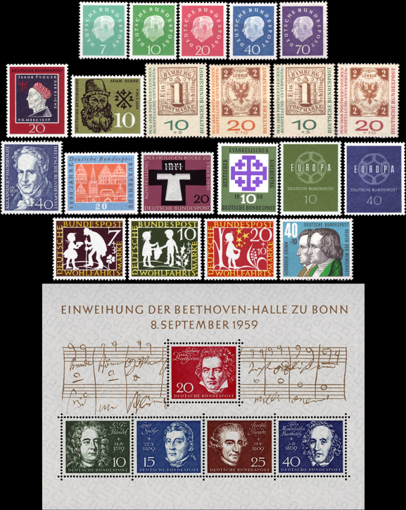 Briefmarken BRD (Bund) Jahrgang 1959 komplett, Mi.Nr. 302-325 (mit 310-311 a+b). Postfrisch