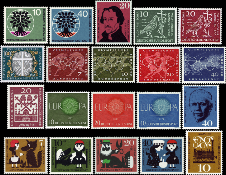Briefmarken BRD (Bund) Jahrgang 1960 komplett, Mi.Nr. 326-345. Postfrisch