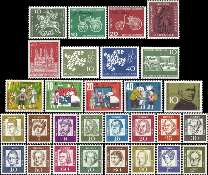 Briefmarken BRD (Bund) Jahrgang 1961 komplett, Mi.Nr. 346-374. Postfrisch