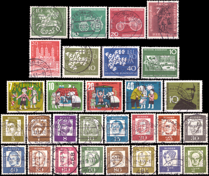 Briefmarken BRD (Bund) Jahrgang 1961 komplett, Mi.Nr. 346-374. Gestempelt