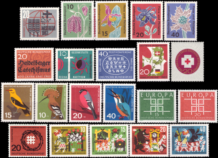 Briefmarken BRD (Bund) Jahrgang 1963 komplett, Mi.Nr. 390-411. Postfrisch