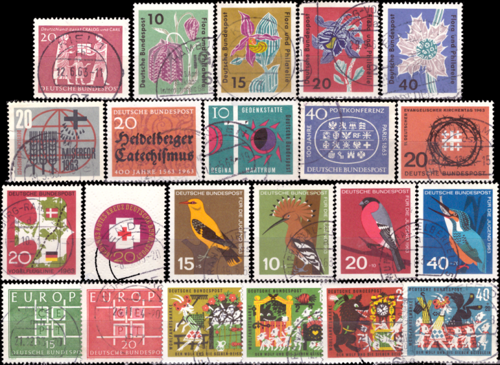 Briefmarken BRD (Bund) Jahrgang 1963 komplett, Mi.Nr. 390-411. Gestempelt