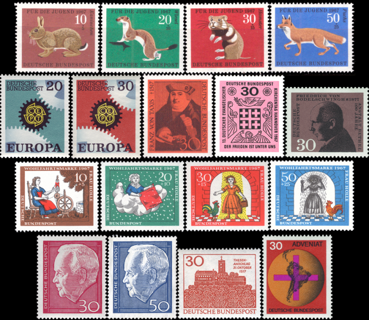 Briefmarken BRD (Bund) Jahrgang 1967 komplett, Mi.Nr. 529-545. Postfrisch