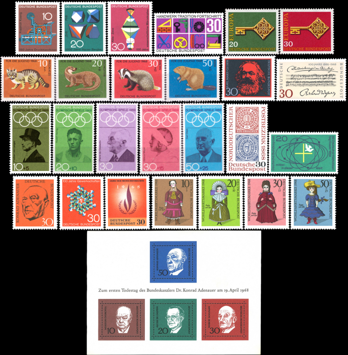 Briefmarken BRD (Bund) Jahrgang 1968 komplett, Mi.Nr. 546-575. Postfrisch