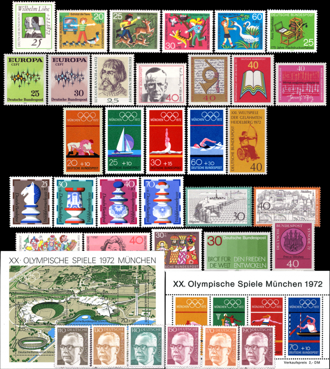 Briefmarken BRD (Bund) Jahrgang 1972 komplett, Mi.Nr. 710-752. Postfrisch