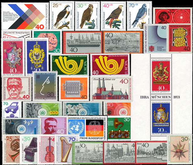 Briefmarken BRD (Bund) Jahrgang 1973 komplett, Mi.Nr. 753-790. Postfrisch