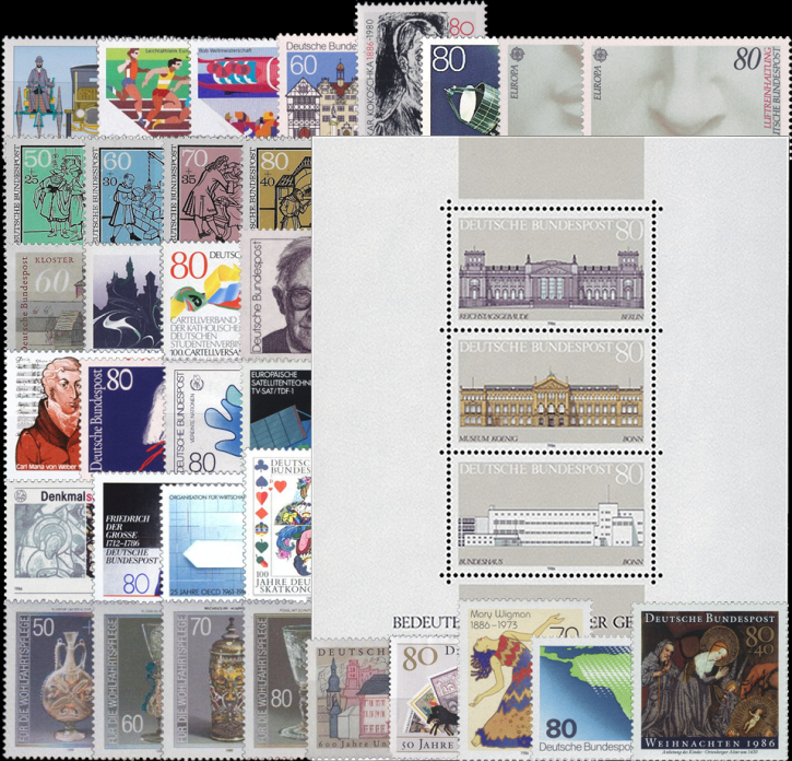 Briefmarken BRD (Bund) Jahrgang 1986 komplett, Mi.Nr. 1268-1305. Postfrisch