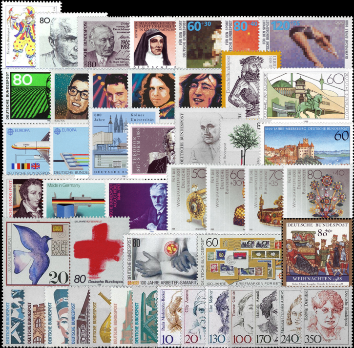 Briefmarken BRD (Bund) Jahrgang 1988 komplett, Mi.Nr. 1347-1396. Postfrisch