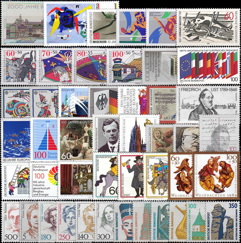 Briefmarken BRD (Bund) Jahrgang 1989 komplett, Mi.Nr. 1397-1443. Postfrisch