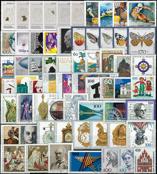 Briefmarken BRD (Bund) Jahrgang 1992 komplett, Mi.Nr. 1582 - 1644. Postfrisch