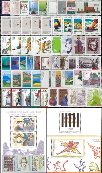 Briefmarken BRD (Bund) Jahrgang 1994 komplett, Mi.Nr. 1709 - 1771. Postfrisch