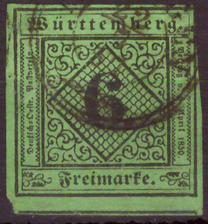Briefmarken Altdeutschland Württemberg 1851, Mi. Nr. 3a, Ziffernzeichnung, Gestempelt