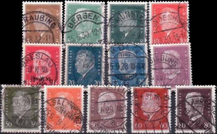 Briefmarken Deutsches Reich 1928, Mi.Nr. 410 - 422, Freimarken: Reichspräsidenten (I). Gestempelt