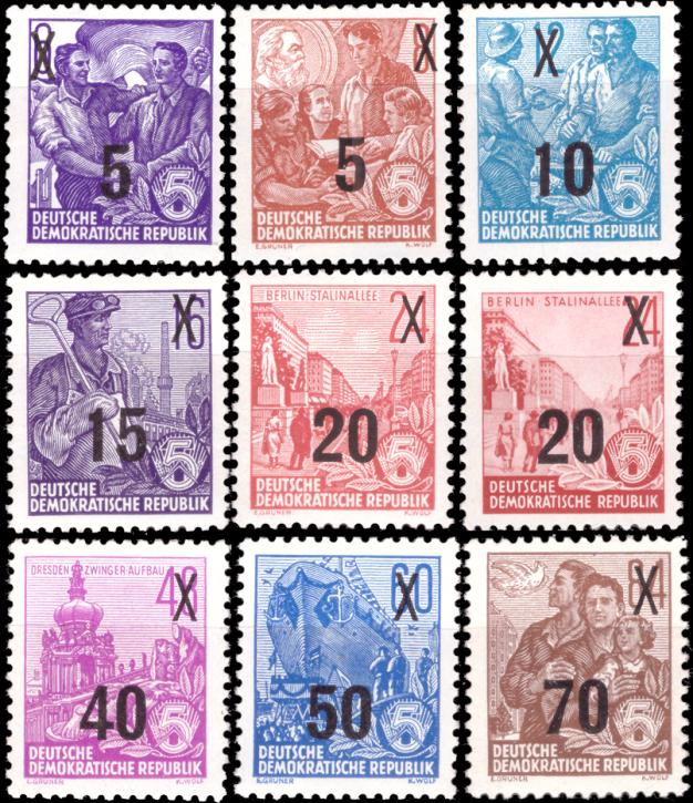 Briefmarken DDR 1954, Mi.Nr. 435-442 + 439b, Dauerserie Fünfjahresplan (III), Postfrisch