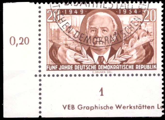 Briefmarken DDR 1954, Mi. Nr. 443 DV (Druckvermerk), 5 Jahre DDR - Wllhelm Pieck, Gestempelt