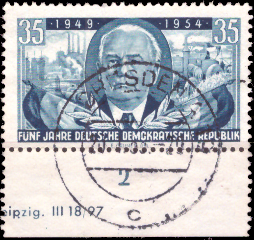 Briefmarken DDR 1954, Mi. Nr. 444 DV (Druckvermerk), 5 Jahre DDR - Wllhelm Pieck, Gestempelt