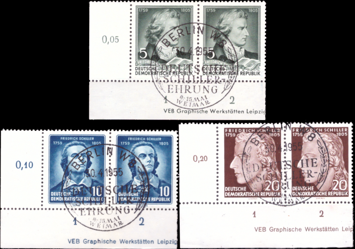 Briefmarken: DDR 1955, Mi.Nr. 464-466 DZ (Druckereizeichen), Friedrich Schiller, Gestempelt