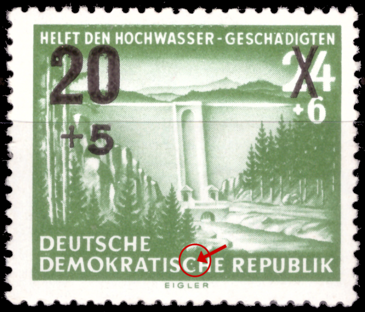 Briefmarken: DDR 1955 Mi.Nr. 449 III, Plattenfehler, Hilfe für die Hochwassergeschädigten, Postfrisch