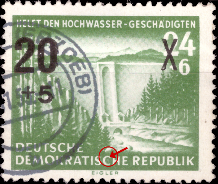 Briefmarken: DDR 1955 Mi.Nr. 449 III, Plattenfehler, Hilfe für die Hochwassergeschädigten, Gestempelt