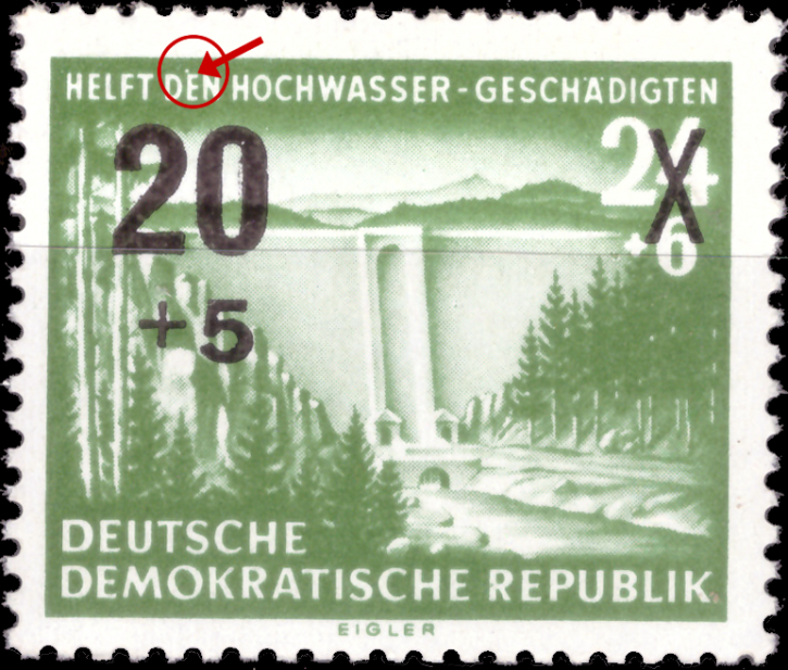 Briefmarken: DDR 1955 Mi.Nr. 449 V, Plattenfehler, Hilfe für die Hochwassergeschädigten, Postfrisch