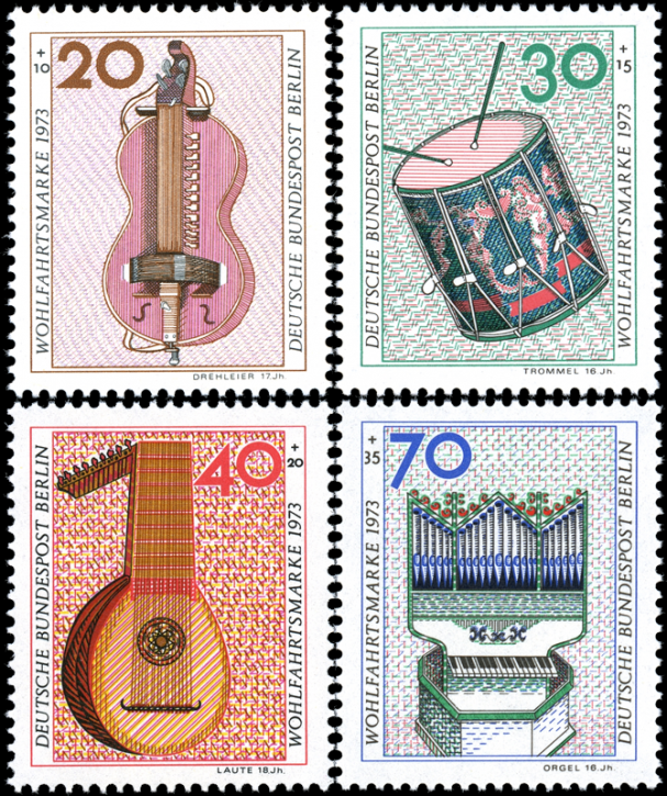 Briefmarken Berlin 1973, Mi.Nr. 459-462, Wohlfahrt: Musikinstrumente. Postfrisch