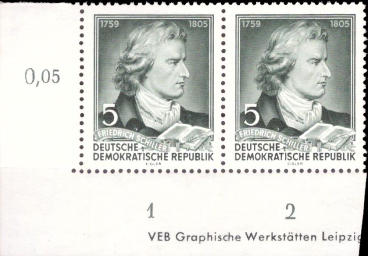 Briefmarken: DDR 1955, Mi.Nr. 464 AY I  DZ (Druckereizeichen), Friedrich Schiller, Postfrisch