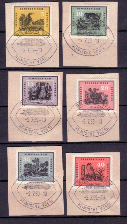 Briefmarken DDR 1959, Mi. Nr. 698-703, Heimische Vögel, Briefstücke mit Esst gestempelt