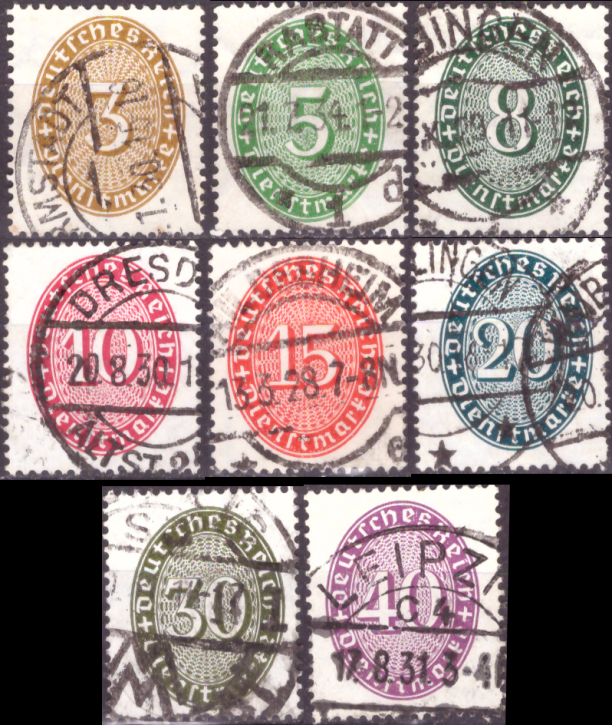 Briefmarken: Deutsches Reich 1927, Dienstmarken Mi.Nr. 114 - 121, Wertziffern im Oval. Gestempelt