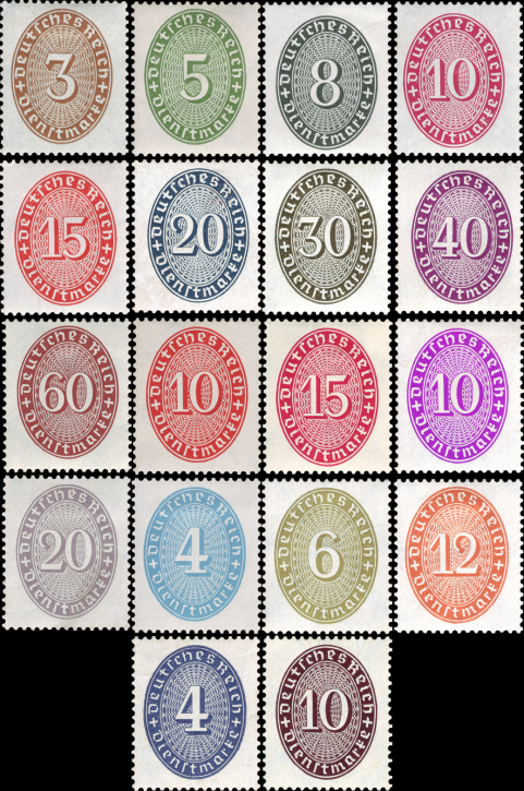 Briefmarken: Deutsches Reich 1927/1933, Dienstmarken Mi.Nr. 114 - 131, Wertziffern im Oval. Postfrisch