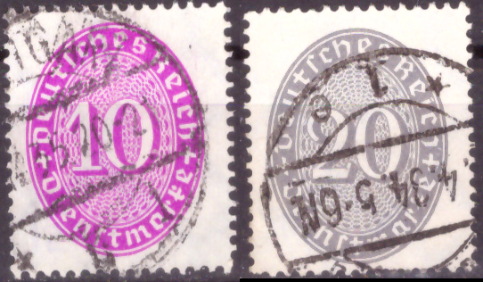 Briefmarken: Deutsches Reich 1930, Dienstmarken Mi.Nr. 125 - 126, Wertziffern im Oval (geänderte Farben). Gespempelt