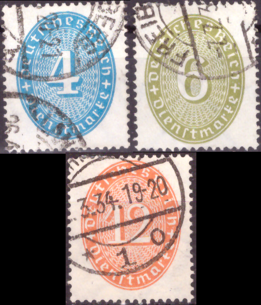 Briefmarken: Deutsches Reich 1931/32, Dienstmarken Mi.Nr. 127 - 129, Wertziffern im Oval (Neue Wertstufen). Gespempelt