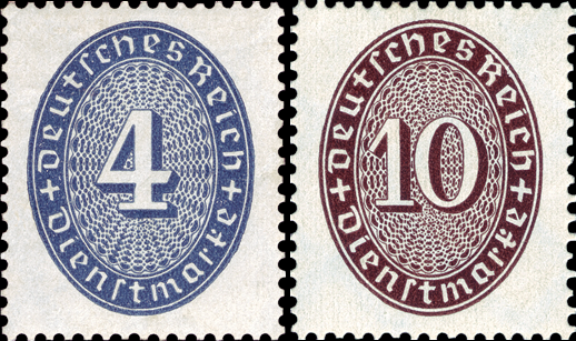 Briefmarken: Deutsches Reich 1933, Dienstmarken Mi.Nr. 130 - 131, Wertziffern im Oval (geänderte Farben). Postfrisch