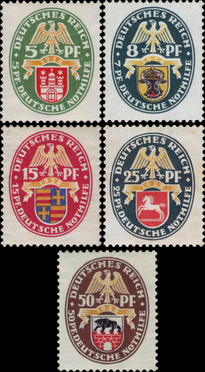 Briefmarken Deutsches Reich 1928, Mi.Nr. 425 - 429, Deutsche Nothilfe: Landeswappen (III). Postfrisch