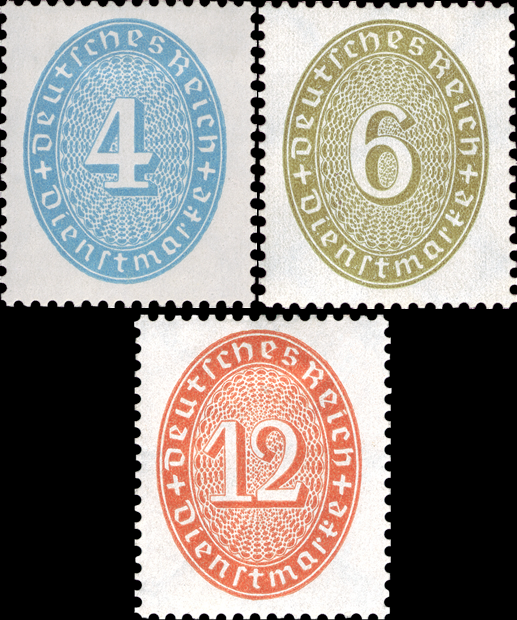 Briefmarken: Deutsches Reich 1931/32, Dienstmarken Mi.Nr. 127 - 129, Wertziffern im Oval (Neue Wertstufen). Postfrisch