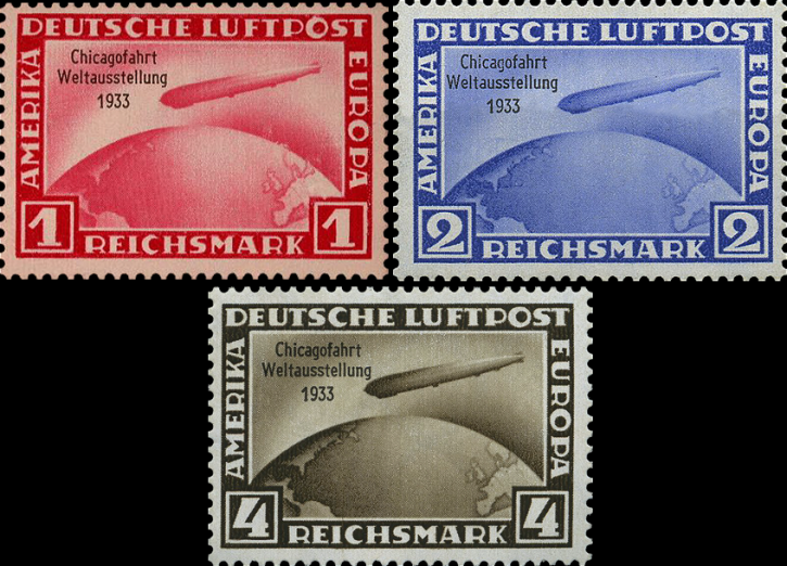 Briefmarken: Deutsches Reich 1933, Mi.Nr. 496-498, Luftschiff Graf Zeppelin, Ozeanüberquerung. Postfrisch
