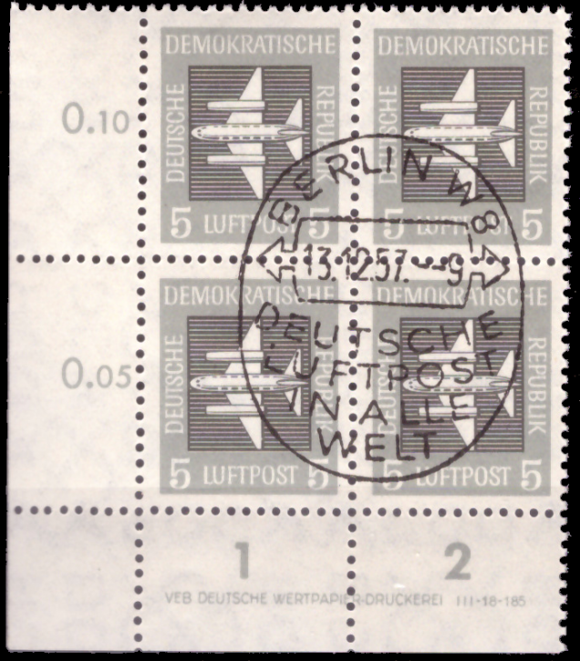 Briefmarken DDR 1957, Mi.Nr. 609  DV (Druckvermerk), Viererblock, Dauerserie Flugpost, ESST Gestempelt