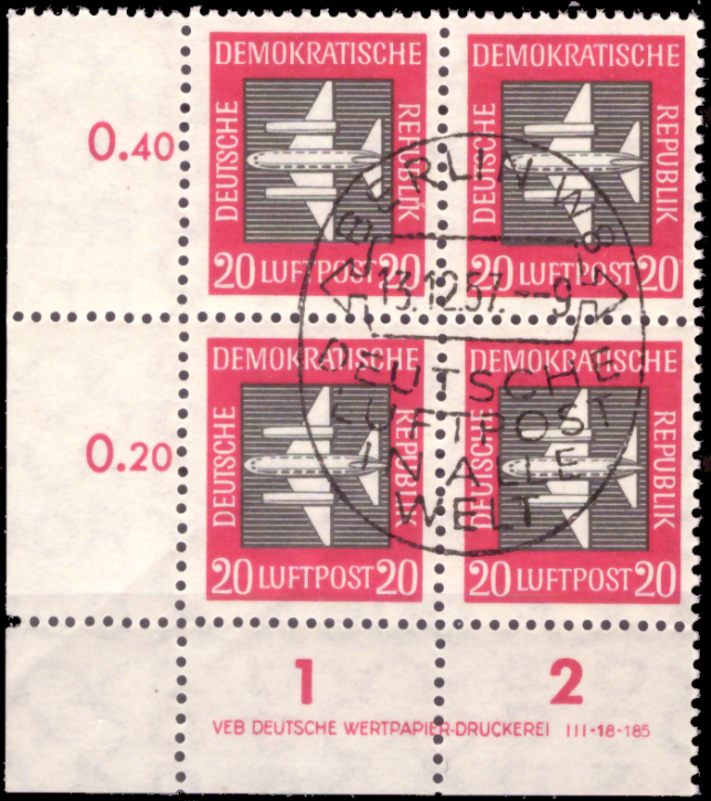 Briefmarken DDR 1957, Mi.Nr. 610  DV (Druckvermerk), Viererblock, Dauerserie Flugpost, ESST Gestempelt