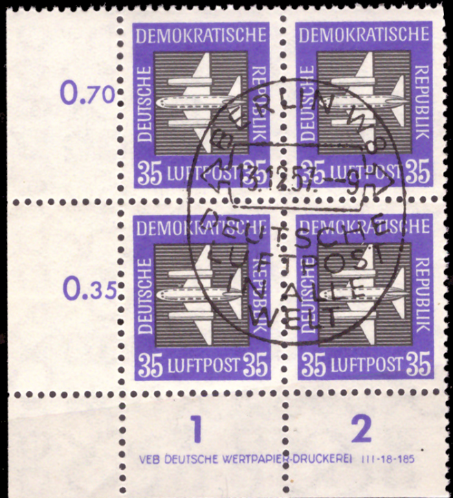 Briefmarken DDR 1957, Mi.Nr. 611  DV (Druckvermerk), Viererblock, Dauerserie Flugpost, ESST Gestempelt