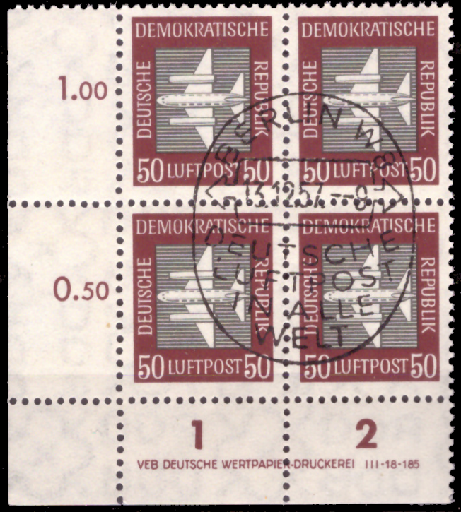 Briefmarken DDR 1957, Mi.Nr. 612 DV (Druckvermerk), Viererblock, Dauerserie Flugpost, ESST Gestempelt