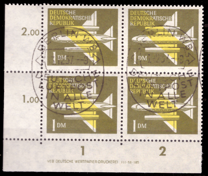 Briefmarken DDR 1957, Mi.Nr. 613 DV (Druckvermerk), Viererblock, Dauerserie Flugpost, ESST Gestempelt