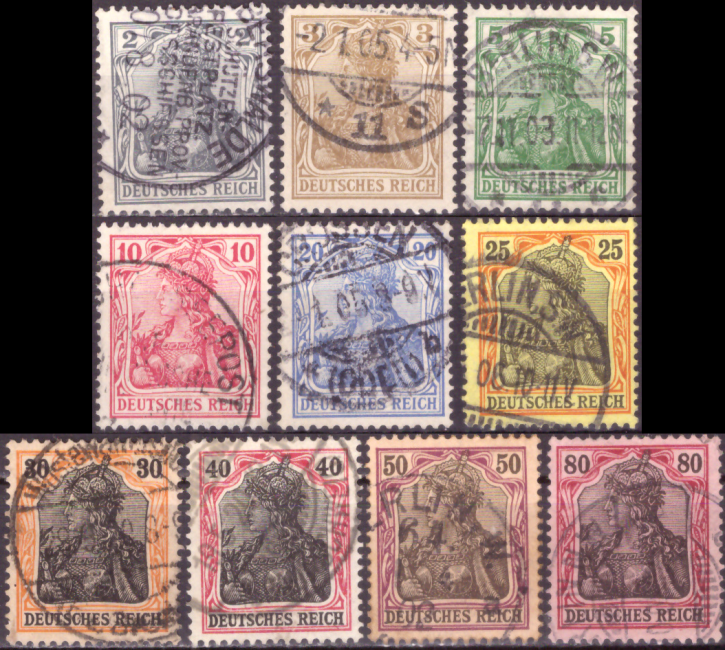 Briefmarken Deutsches Reich 1902, Mi.Nr. 68-77, Freimarken: Germania (II); Inschrift „DEUTSCHES REICH“, Gestempelt