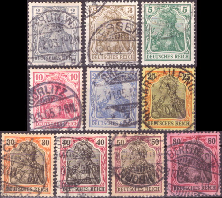 Briefmarken Deutsches Reich 1902, Mi.Nr. 68-77, Freimarken: Germania (II); Inschrift „DEUTSCHES REICH“, Gestempelt