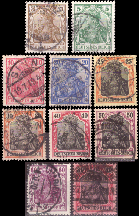 Briefmarken Deutsches Reich 1915, Mi.Nr. 84 II - 93 II - Kriegsdruck, Freimarken: Germania, Gestempelt