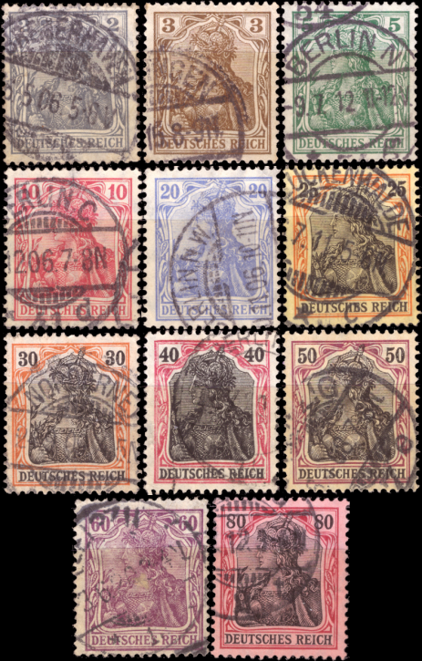 Briefmarken Deutsches Reich 1905, Mi.Nr. 83 I - 93 I - Friedensdruck, Freimarken: Germania, Gestempelt