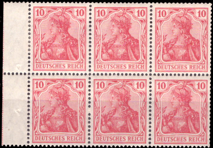Briefmarken Deutsches Reich 1918/19, H-Blatt 1 II a A MiNr 86 II a, 6x 10 Pfennig, Heftchenblatt 1 II Germania, Ungebraucht (mit Falz)