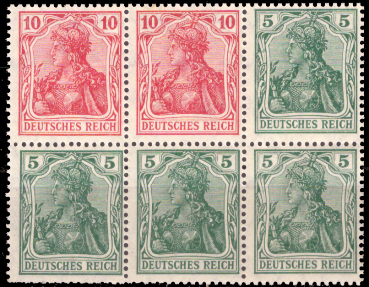 Briefmarken Deutsches Reich 1919, H-Blatt 23 aa A MiNr 85 II a, 86 II a, 2x 10 + 4x 5 Pfennig, Heftchenblatt 23 (ohne Rand) Germania, Ungebraucht (mit Falz)